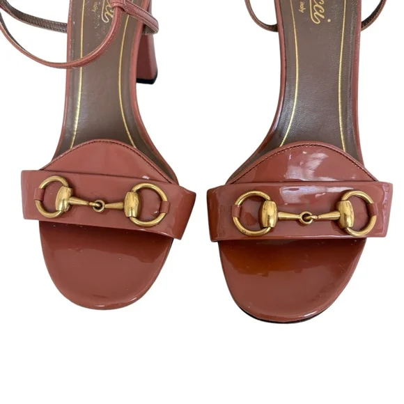 Gucci Horsebit Patent Leather Block Heel Sandals Brown Ankle Strap Size 38 US 8 - Picture 6 of 14